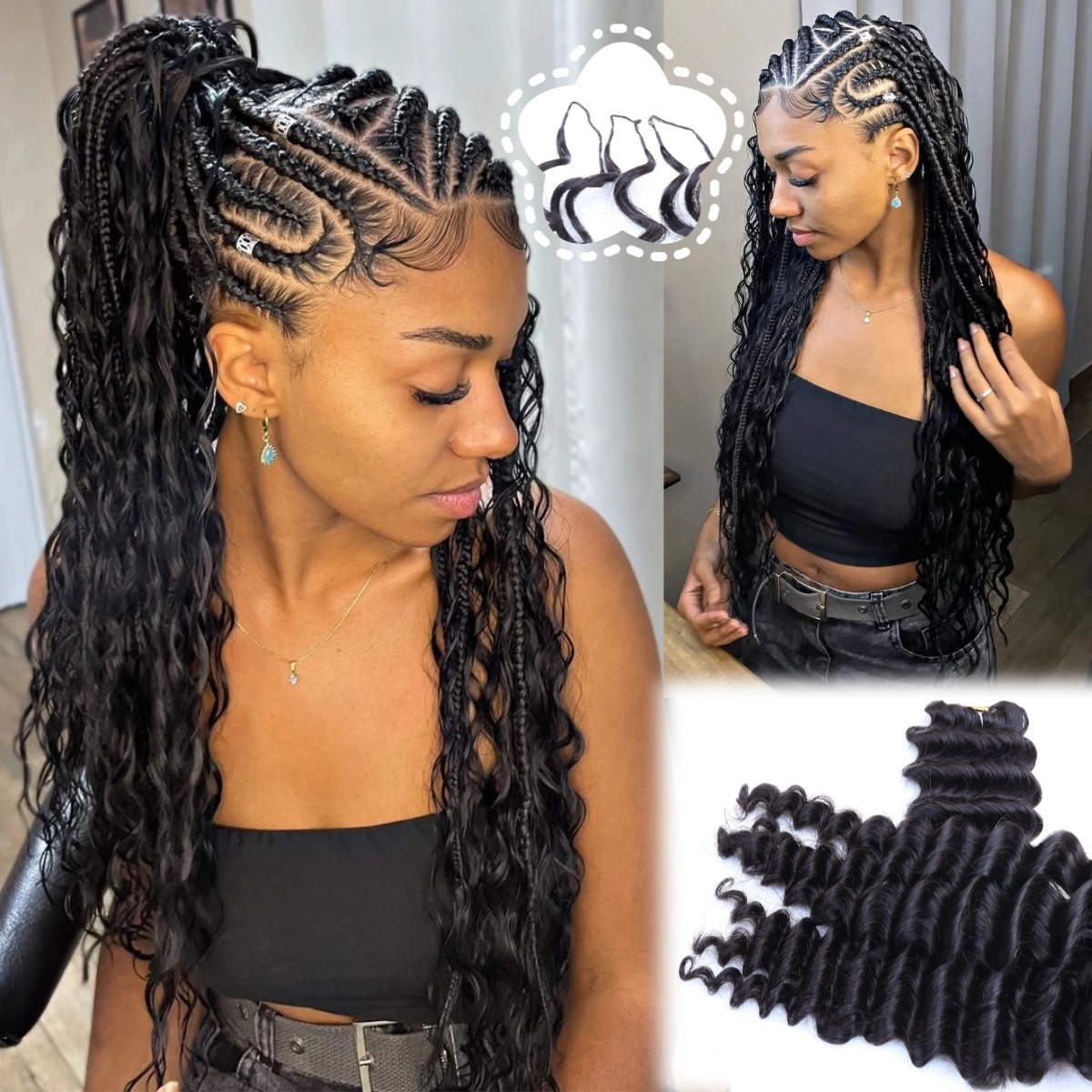 Hair Bundles - Doğal Siyah, Yoğun Dalgalı, Tüy Görünümlü,