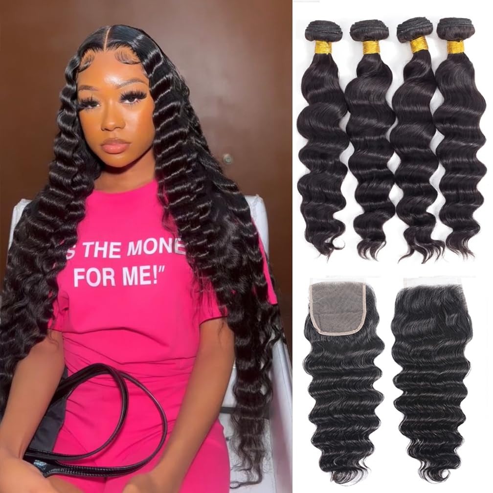 Deep Wave 3 Bundles With Closure - 30 İnç Dökülmüş Dalgalı Saç Demetleri