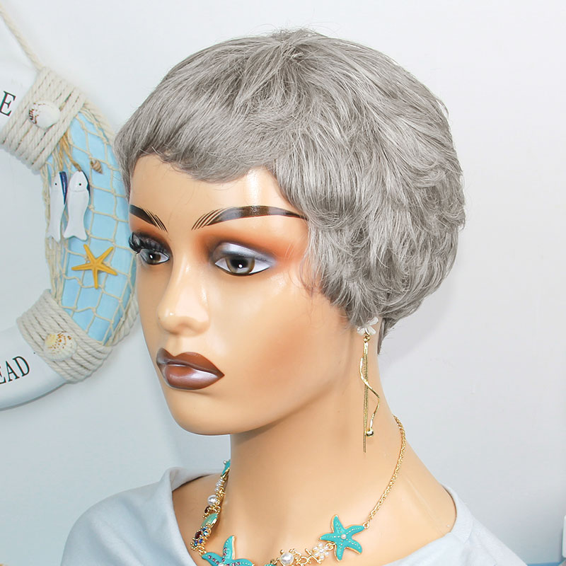 Short Pixie Cut Wig Human Hair Cheap - Kısa Düz İnsan Saçı Perukları Gri
