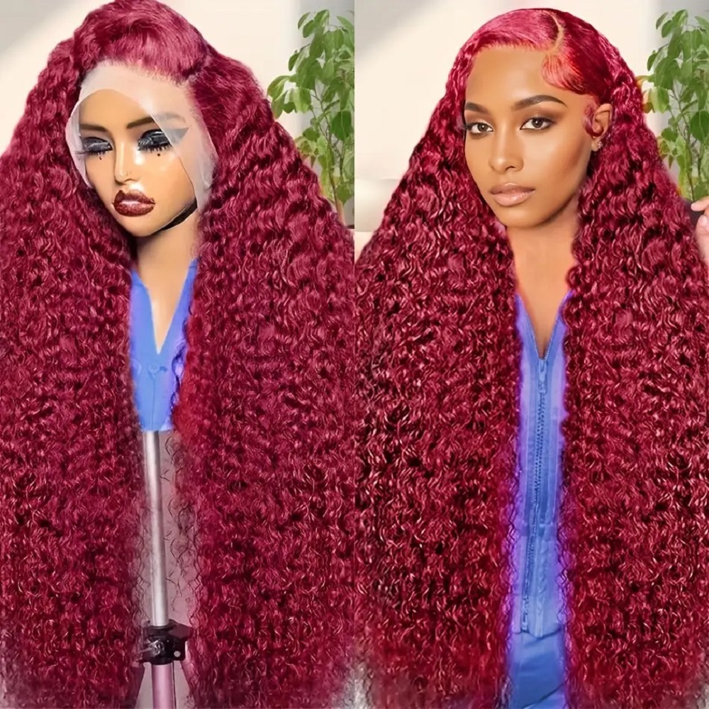 Lace Front Wigs - 200 Yoğunluklu Bordo Derin Dalgalı Gerçek